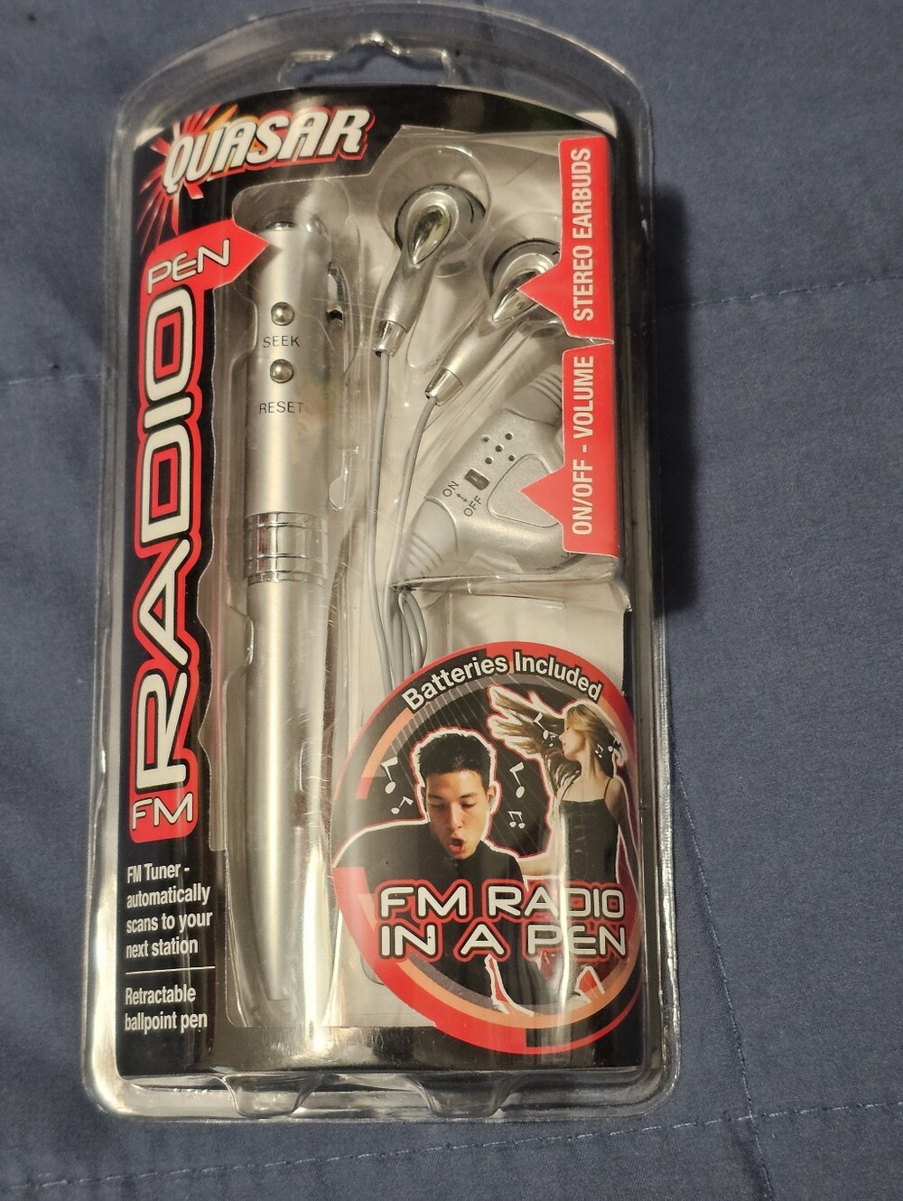 Vtg NOS 2003 Quasar FM Radio in a Pen with Stereo Earbuds Silver New Sealed